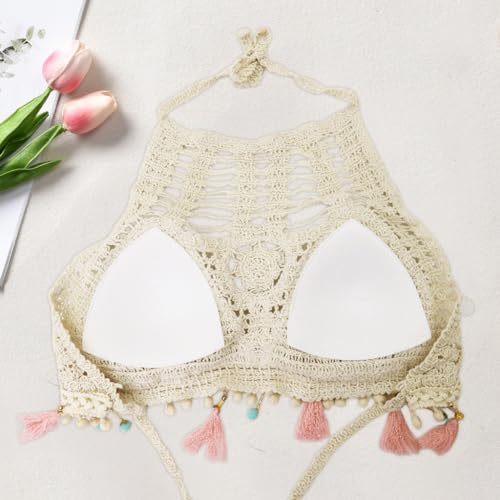 PALAY® Women's Summer Beach Backless Crochet Halter Bikini Crop Top Crochet Hollow Out Tassle Embroidery Knit Boho Beachwear 3 PCS