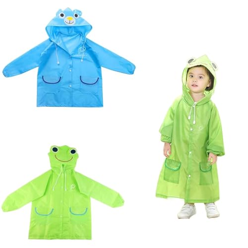 PALAY® 2Pcs Raincoat for Kids Boys Girls with Hood, Polyester Rain Ponchos with Pockets and School Bag Coverage, Bright Color Raincoat for 3-7 Years Old Kids(Blue+Green)