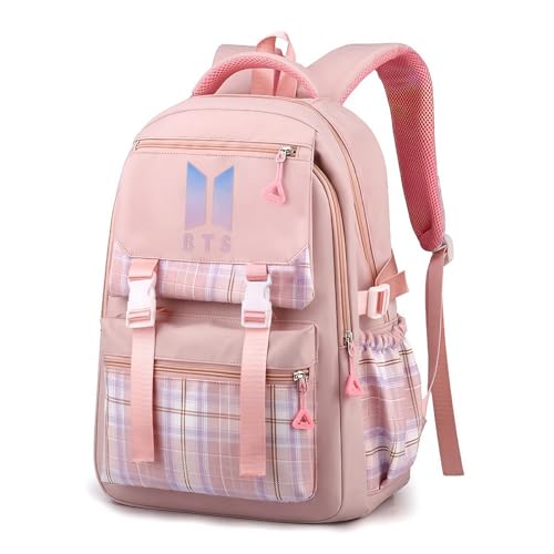 PALAY BTS Backpack for School Girls 6-12 Years Old Teens Fashion Checked Print BTS School Backpack Large Multi Layer Book Bag Travel Backpack for Teens Students School Gift for Girls, Pink