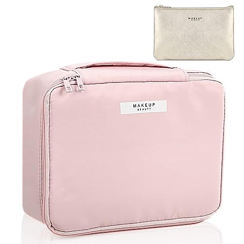 MAYCREATE® Cosmetic Organizer Bag for women, Capacity Travel Makeup Pouch for Women Toiletry Bag for Girls Traveling With Handle and Divider, Pink