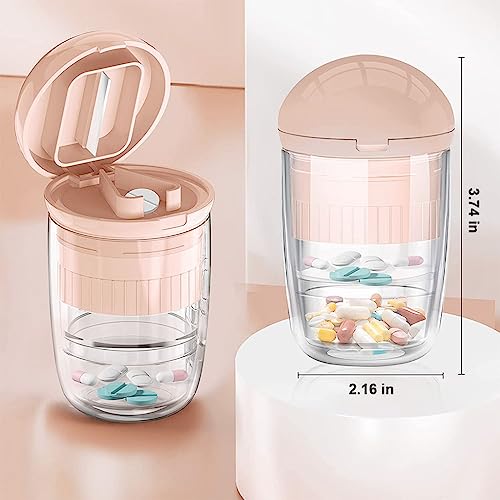 HANNEA® Pill Box with Tablet Cutter and Grinder Travel Pill Cutter with Drinking Cup 4 in 1 Tablet Cutter with Two Built-in Pill Box for Large Pills, Vitamins, Cod Liver Oil, Supplements, Medication