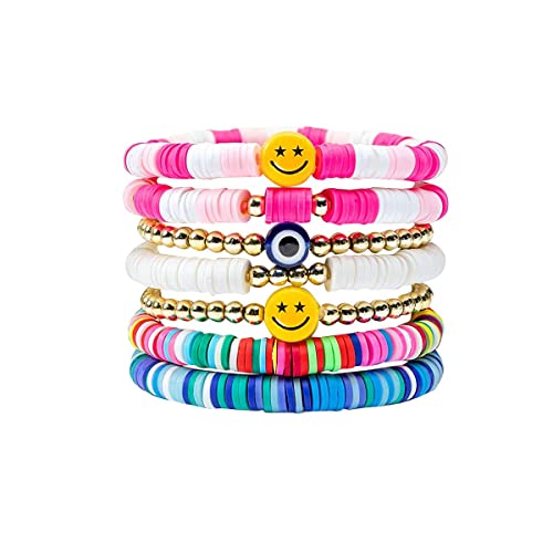 SANNIDHI® 7Pcs Beads Bracelet for Girls Colorful Happy Smile Boho Beaded Bracelets Set Y2K Summer Beach Clay Jewelry for Girls