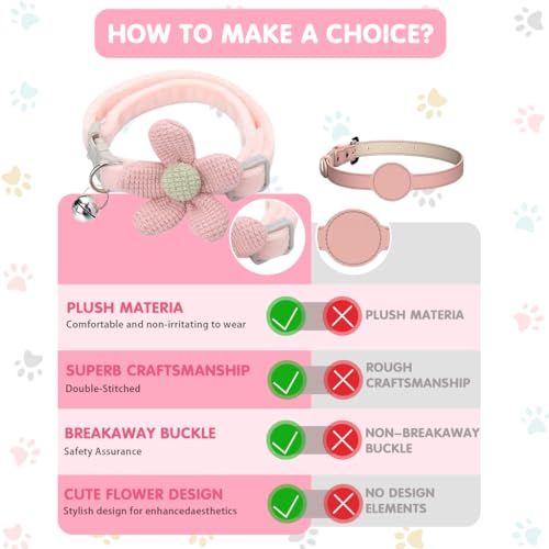 Qpets® Cat Collar Pet Collar Pink & Beige Flower Design with Quick Release Buckle, Soft Adjustable Plush Material, Decorative Bell for Cats & Kittens, Comfortable & Safe Fit, 1 Piece