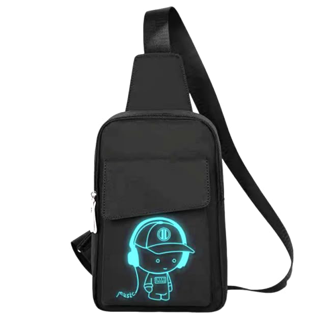 GUSTAVE® Fashion One-Shoulder Backpack Youth Leisure Waist Bag With USB Port Earphone Hole, Cartoon Luminous Pattern-Black