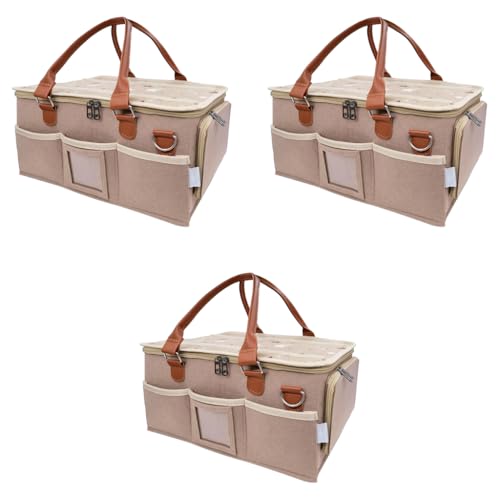 SNOWIE SOFT® Baby Diaper Bag Felt Caddy Organizer Basket with Handle Multi Compartments Carry All Mommy Newborn Supplies Zip-up Handbag Gift Khaki 3PCS