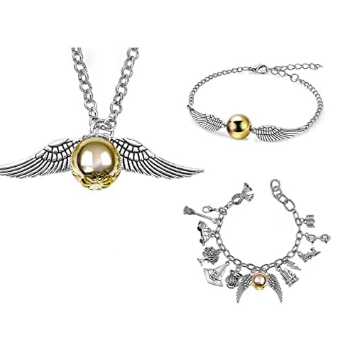 SANNIDHI Golden Snitch Necklace Bracelet Combo Fashion Snitch Pendent Necklace Bracelet Gift for Harry Potter Fans Party Favor Halloween Costume Accessory for Kids