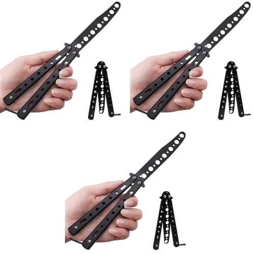 Proberos® Stainless Steel Butterfly Knives Trainer with O-Ring Latch for Beginner no Offensive Blade Balisong for Practicing Flipping Tricks Finger Strength Stick Training Tool 3PCS