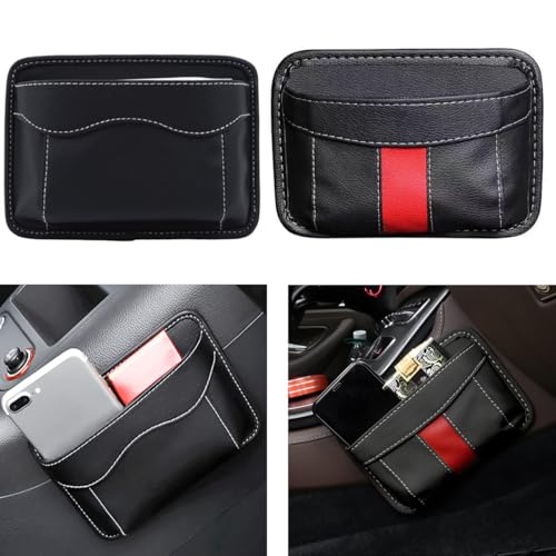 STHIRA® 2 Pcs Car Organizer Pouch Compact PU Leather Self-Adhesive Storage Bag for Seat Side, Phones, Keys, Cables, Accessories, Universal for Cars, Office, Home, Black, Red 17x12cm