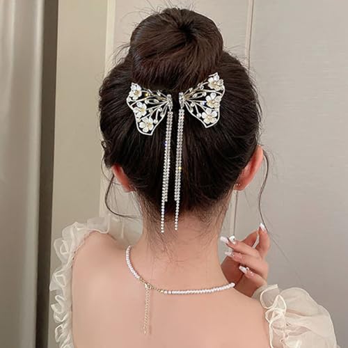 Venzina® Bow Hair Clip for Women Stylish Pearl Tassel Hair Bun Accessories for Women and Girls Tassel Hair Buns Claw Clip for Women Hair Accessories for Bride, Wedding, Daily, Party