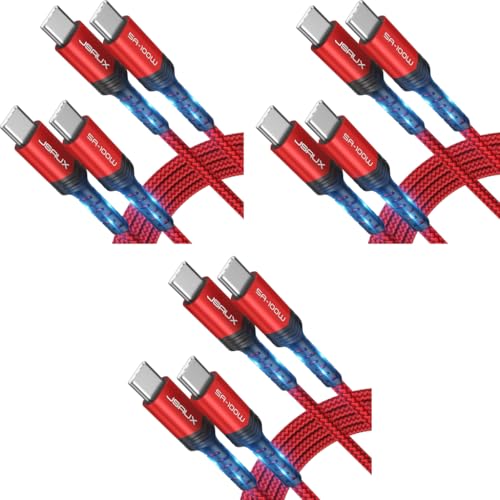 JSAUX® 3 PCS 6.6ft Type C to Type C Cable Fast Charging 100W 5A USB C 480Mbps Braided Data Cable for iPhone 16 Plus Pro Pro Max 15 Galaxy S24 S23 MacBook iPad Red