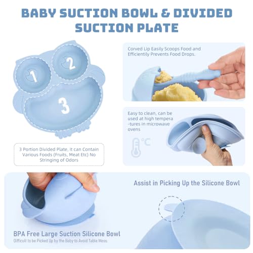 SNOWIE SOFT® Baby Feeding Set 30PCS Food Grade Toddlers Silicone Plate Sipping Cup Bowl with Bib Cutleries Self-Feeding Tableware Sterilizable Blue