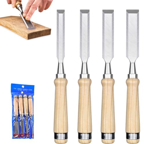 Serplex® Bevel-Edge Craft Chisel Set, Multi Sizes (4Pcs) for Woodworking, Durable Chrome Vanadium carbon Steel Blades with Ergonomic Wooden Handles for Carving, Shaping, and Detailing