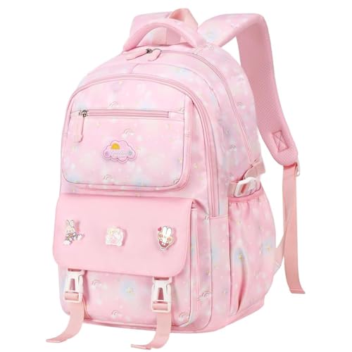 PALAY® School Backpack for Girls Cute Pink Cartoon Print Backpack Schoolgirls Travel Backpack 15.6 inches Waterproof Oxford Cloth Multi Compartment Backpack Birthday Gift Christmas Gift for Girls