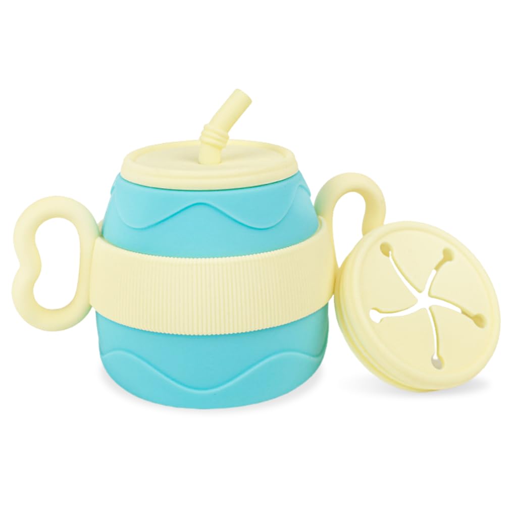 SNOWIE SOFT® Silicone Cup for Baby 200ml Portable Silicone Training Cup with Ears Baby Cup with 2 Lids, Soft Silicone Straw Bottle for Kids, BPA-Free, Spill Proof Non-Slip Sippy Cup for Toddlers