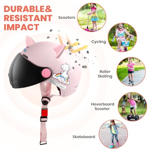 Proberos® Kids Bike Scooter Safety Helmet for 5-12 Year with UV Protection Visor Adjustable Chin Strap Anti-Impact Cushioning Cartoon Bunny Ear Unicorn Bicycle Girls Boys Pink 3 PCS
