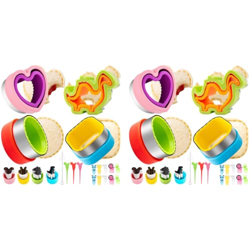 HASTHIP® 44PCS Kid Sandwich Cutter and Sealer Set with Cute Vegetable Molds Cartoon Fruit Fork DIY Homemade Bread Maker Shapes for Kids with Cleaning Brush
