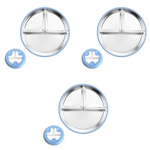HASTHIP® Kids Food Plate with Suction Cups 9 Inch Round 3 Compartment Stainless Steel for Toddlers Self-Feeding Training Anti-flip Shallow Breakfast Bread Snack 3PCS