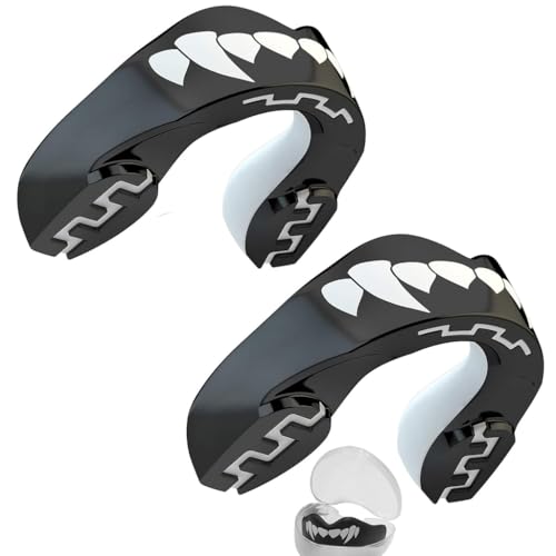 Proberos® Mouthguard 2PC, Shock Absorbing Sports Mouth Guard for Boxing, MMA, Karate, Taekwondo, Football, Basketball, Hockey, Adults 12+ Years, Black Fangz Design, Enhanced Fit & Protection