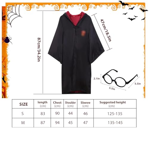 PATPAT® Gryffindor Harry Potter Costume Magic Robe Wizard School Uniform Halloween with Stick Scarf Tie Glasses Accessories for Kids 135-145cm 2 PCS