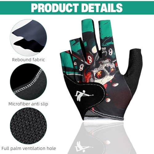 Proberos® Left Hand Open-Finger Billiard Glove Stretchy Ice Silk Nylon Anti-Slip Microfiber Palm Skull Print Hook & Loop Closure Breathable Snug Fit for Pool Players 2PCS