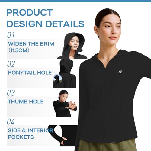 Venzina® Women's UPF 50+ Lightweight Athletic Jacket Long Sleeve Sunscreen Protective Clothing UV Sun Protection Full Zip Cooling Hoodie for Women for Outdoor Hiking, Black-2, S