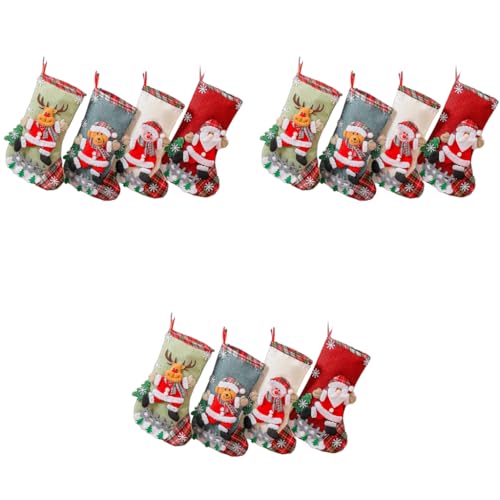 HASTHIP® Set of 4 Fabric Christmas Stockings 10 Inch Linen Gift for Window Multicolor Decorations 3PCS