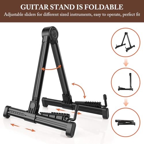 HASTHIP® Adjustable Guitar Stand for Acoustic Electric Bass Durable Aluminum Tripod with Anti-Scratch Silicone Padding Foldable Portable Design Ukulele Violin More Instruments 3PCS