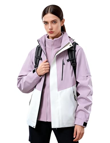 Venzina® Women's 3-in-1 Waterproof Windproof Jacket with Detachable Fleece Liner for Winter, Hiking, Travel & City Commute, Purple-XL