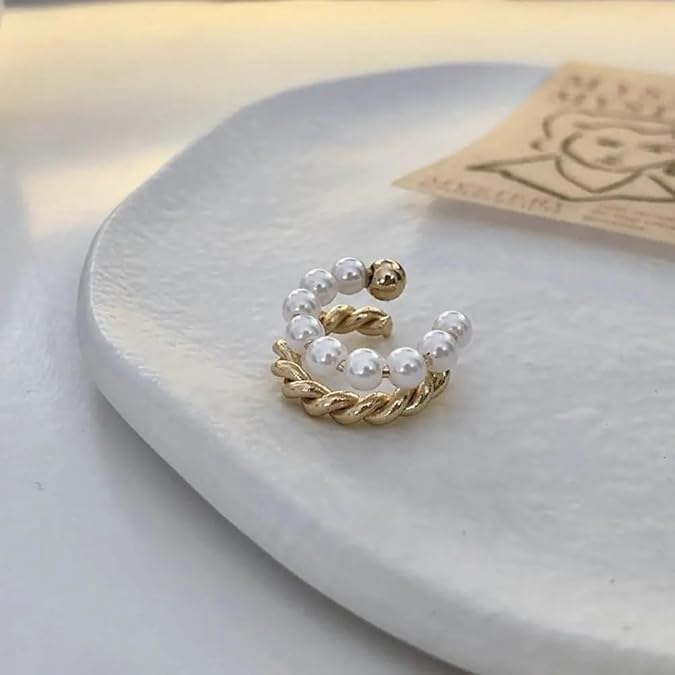 Zibuyu Pearl Braided Ear Cuffs for Women featuring Twisted Gold Layer | 3PCS Non Piercing Jewelry