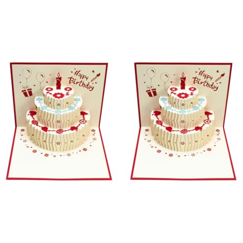 HASTHIP® Greeting Card for Birthday Pop-Up 3D with Envelopes Cake Happy Postcards Best Surprise Gift for Mom Wife Sister Boy Girl Red 2PCS