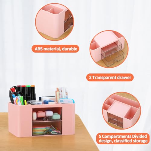 ZIBUYU® Pencil Pen Holder Desk Organizer 2 Drawer 5 Compartment ABS Storage Box, Cute Pink Stationery Supplies Organizer for Office, Home, School, College, Study Table, Makeup & Craft Use (Pink)