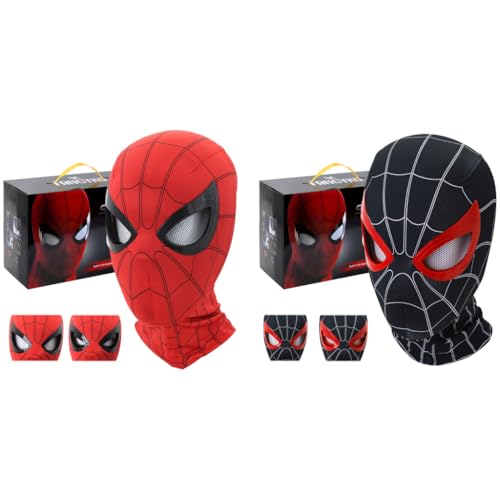 FANCYKU® 3D Spide Mask Combo Set with Moving Eyes & Jaw Motion Activated Blinking Eyelids, Red & Black Red Cosplay Head Covers for Adults & Kids, Halloween, Masquerade, DIY Costume Parties