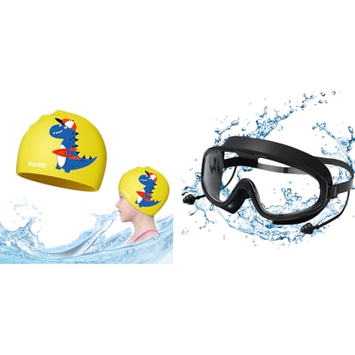 Proberos® Kids Silicone Swim Cap & Adult Swim Goggles Set, Comfortable Cartoon Cap for Swimming Training, Anti-Fog Goggles with Ear Plugs for Surfing, Kayaking, Pool, Black