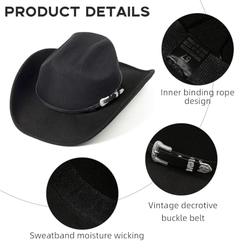 Proberos® Western Cowboy Hat for Men Classic Roll Up Fedora with Buckle Belt Black 3PCS