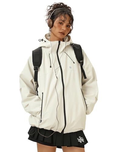 Venzina® Outdoor Hiking Jacket for Women Windproof, Splashproof Hoodie with Pockets, Dual-Way Waterproof Zipper, Loose Fit Long Sleeve Fashion Outdoor Couple Jacket for Hiking, Daily-Light Khaki-L