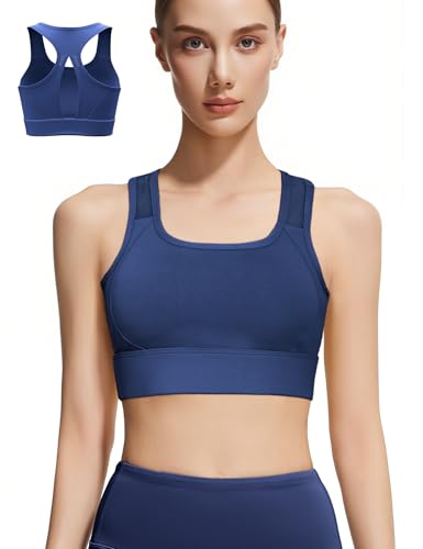 Venzina® Women's Athletic Bra Sports Bra, Fashion Criss-Cross Back Design, Breathable Patchwork Strap Design, Push Up & Compression, High Support Workout Bra for HTTI, Yoga, Running -Navy Blue-L