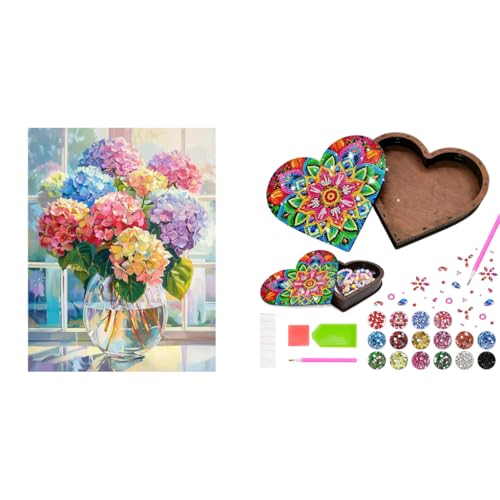 HASTHIP® Diamond Painting Kit Combo for Adults & Kids – 5D Color Hydrangea Art (12x16 in) + DIY Mandala Flower Wooden Jewelry Box, Crafts for Journaling, Scrapbooking, Gifts, Home Decor