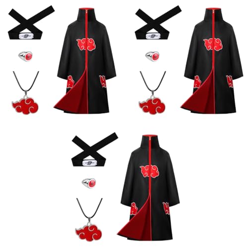 PATPAT® Akatsuki Costume Itachi Uchiha Anime Cosplay Set 12PCS Dress Cloak with Headband Ring Necklace Halloween Party for Kids Boys XXS Height 125-135cm