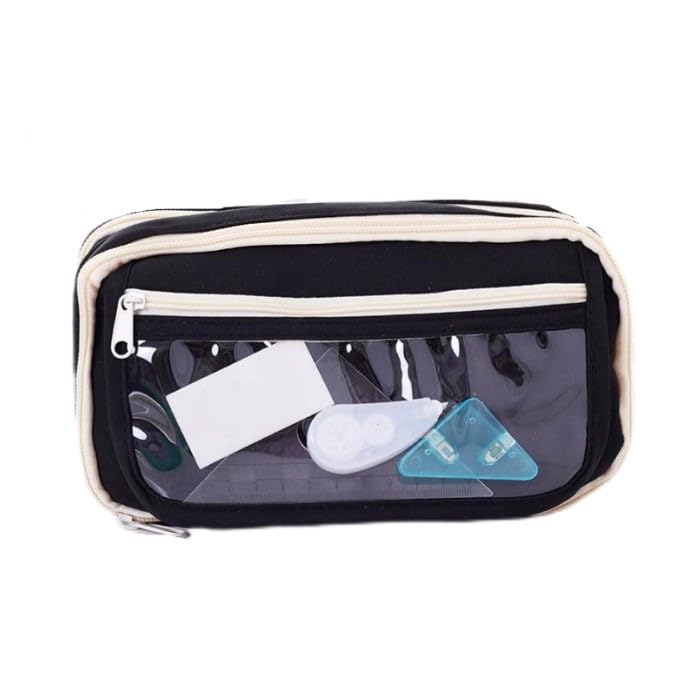 ZIBUYU® Student Pencil Pouch, Fashion Multi-Layer Cloth Pencil Case Bag with Clear Mesh Pockets School Office Stationeries Storage Bag Scrapbooking Accessories Organizer, Black