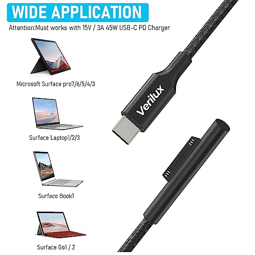 Verilux® Type C Charging Cable for Surface Laptop 5.9ft 45W 15V3A Power Supply for Pro7 Go2 Pro6 5 4 3 Laptop1 2 Only PD Charger 3 PCS