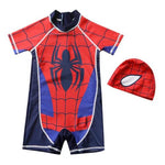 SNOWIE SOFT® Boys Swimsuit Swimming Cap Set Short Sleeve Spiderman Print Swimsuit for Boys Stretchy One-Piece Swimming Suit for Boys UPF 50+ Swimming Suit for Boys 3-4 Years Old, Size 110cm