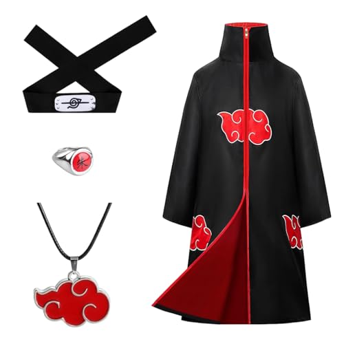 PATPAT® Uchiha Itachi Anime Cosplay Costumes for Women Men 4Pcs Set, Ninja Akatsuki Cloak Long Robe for Adults Teens with Headband, Necklace & Ring for Cosplay Halloween - Size L