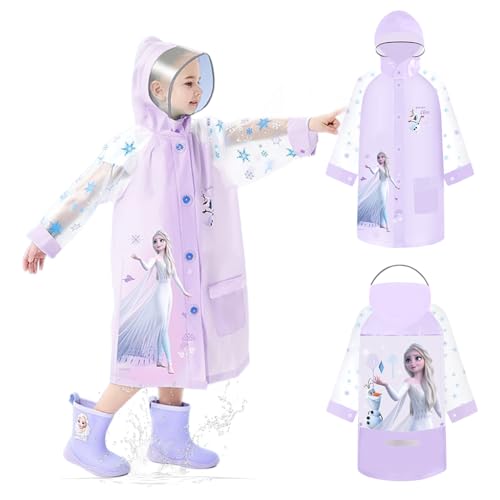 PALAY Raincoat for Kids Girls with Pockets, EVA Hooded Poncho with School Bag Rain Cover, Cartoon Printed Knee Length Long  Kids Rain Coat with Pocket (L)