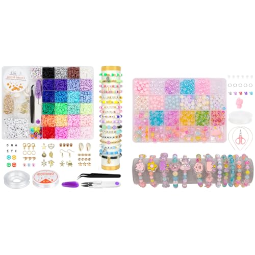 SANNIDHI® Pearls Clay Beads Kit for Bracelet Making, 2 Boxes Colourful Bracelet Making Set, Crystal Alphabet Heart Smile Bead DIY Kit for Kids, Gift Toys for Girls 7-14 Years DIY Jewellery Crafts