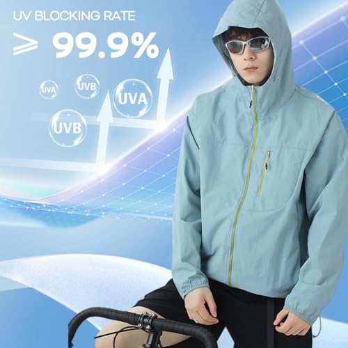 Venzina® Men's Lightweight Athletic Jacket Stylish UPF 50+ Sun Protection Top Quick Dry Full Zip Hoodie with Back Air Vent & Chest Zip Pocket, Waterproof UV Workout Coat for Outdoor/Gym, Light Blue, M