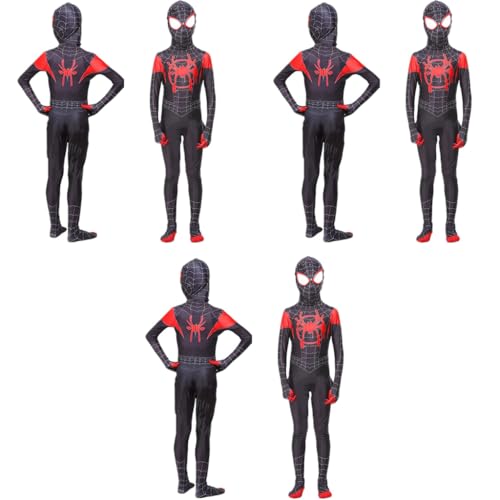 FANCYKU® Spidermen Costume for Kids 3D Lenses Cosplay Black Spider Men Miles Morales Bodysuit Silk Feel Fabric Fancy Dress Boys Gift Halloween Party Size XL 3PCS
