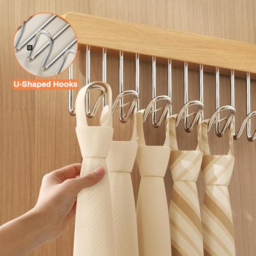 HASTHIP® 1 Pc Wooden Hanger for Clothes Hanging 12 Hook Adjustable Multi Sliding Wall Mounted Rack Bra Belt Scarf Tie Hat No-Drill Right-Pull Style 41X8CM 2PCS
