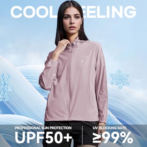 Venzina® UPF 50+ Sun Jacket for Women Long Sleeve Zip-up Sun Jacket with Zip Pocket, Removable Hat, Quick Dry Loose-fit UV Protection Clothing for Driving, Riding, Hiking, Pink, L