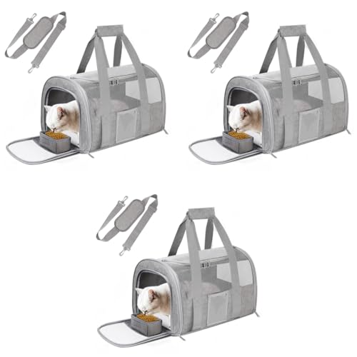 Qpets® Cat Carrier Bag Breathable Mesh Pet Multifunctional Folding with Food Box Handle Shoulder Strap 43X30X28cm 3 PCS