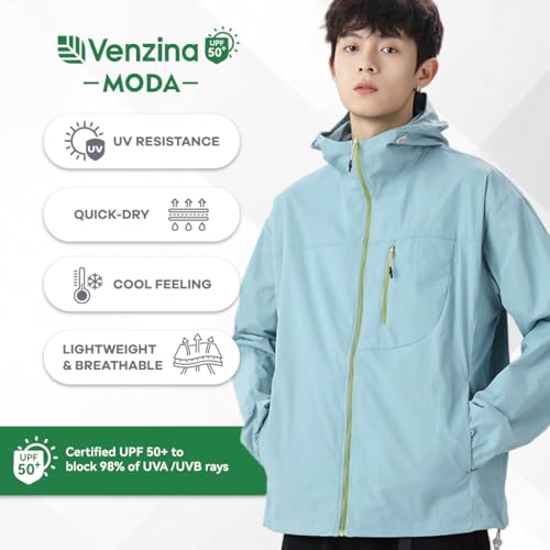 Venzina® Men's Lightweight Athletic Jacket Stylish UPF 50+ Sun Protection Top Quick Dry Full Zip Hoodie with Back Air Vent & Chest Zip Pocket, Waterproof UV Workout Coat for Outdoor, Light Blue, 2XL